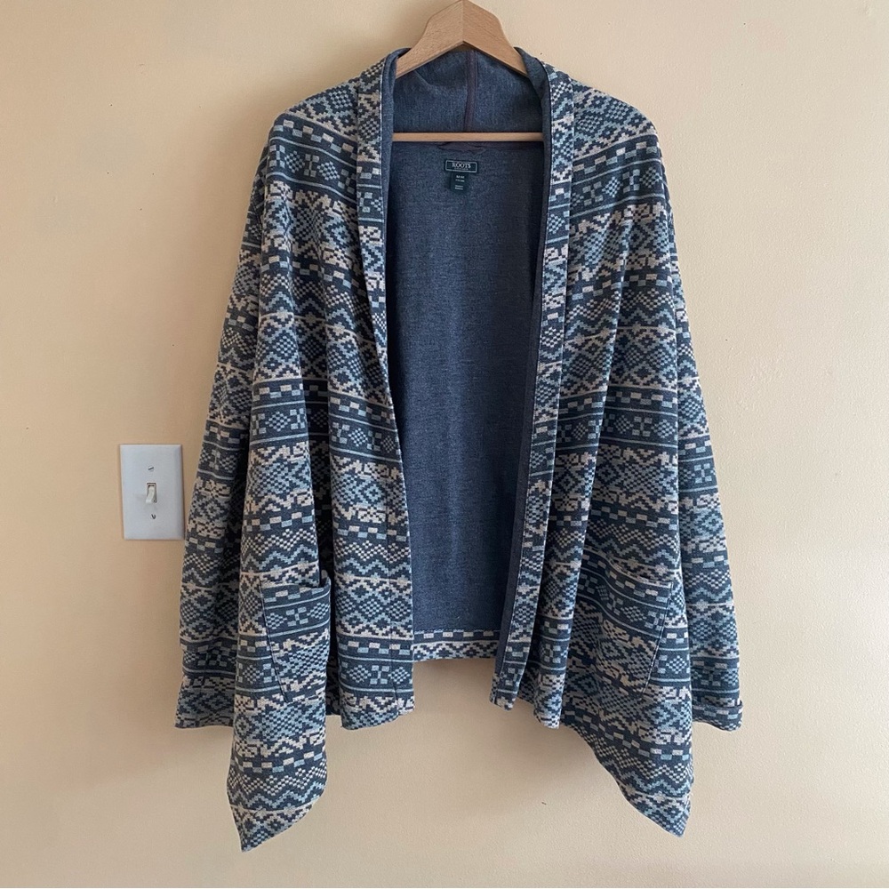 Roots Canada Fair Isle Open Cardigan Sweater Blue Nordic Knit Size Medium Office - Picture 2 of 15
